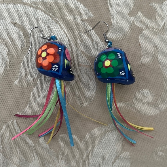 Hand Painted in Los Cabos Colorful Day of the Dead Skull Earrings with Tassels - Picture 2 of 4